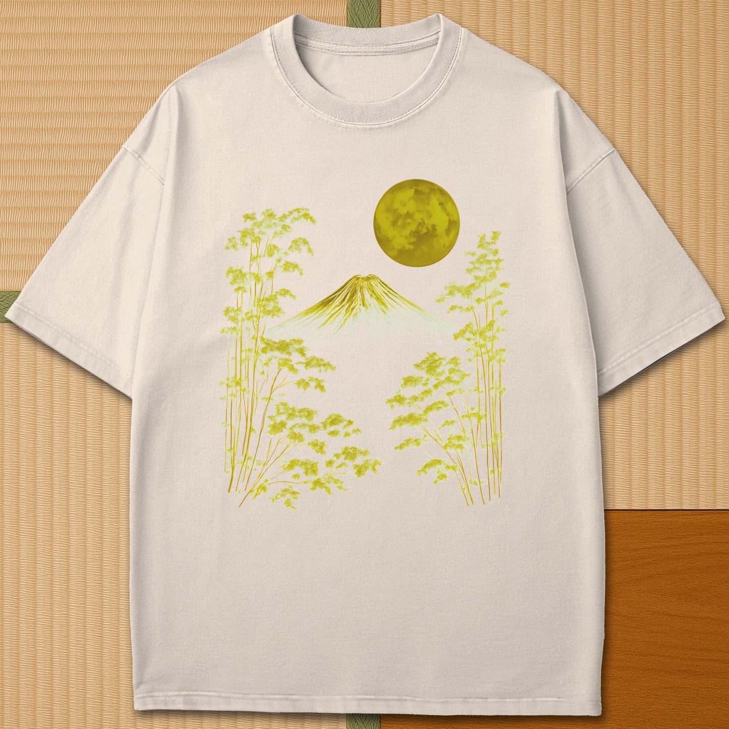 Japanese-inspired cotton Fuji Moonlight Line Art T-Shirt in Ivory on Comfort Colors 1717, styled in a modern flatlay scene.