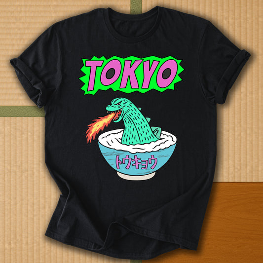 Japanese-inspired cotton Tokyo Kaiju T-Shirt in Black on Gildan 64000, styled in a modern flatlay scene