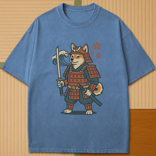 Japanese-inspired cotton Samurai Shiba Spirit T-Shirt in Blue Jean on Comfort Colors 1717, styled in a modern flatlay scene.