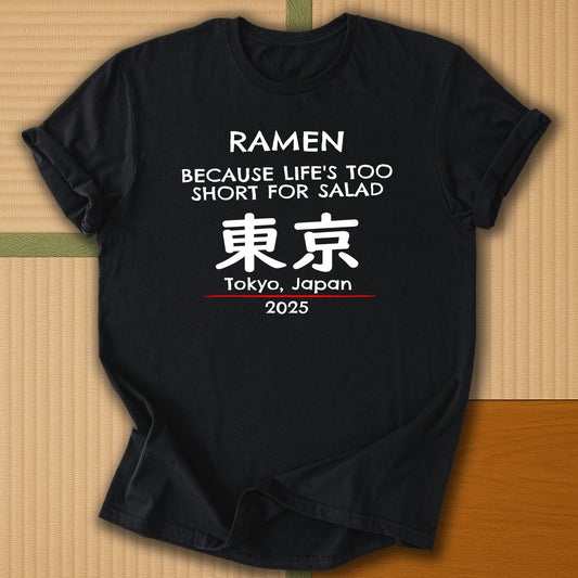 Japanese-inspired cotton Ramen Tokyo T-Shirt in Black on Gildan 64000, styled in a modern flatlay scene