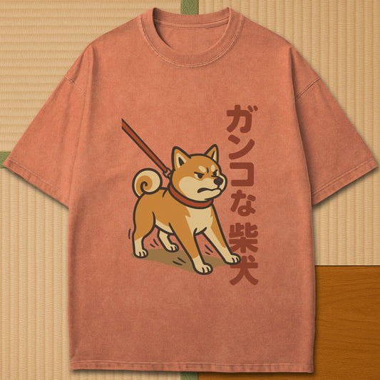 Japanese-inspired cotton Stubborn Shiba T-Shirt in Yam on Comfort Colors 1717, styled in a modern flatlay scene.