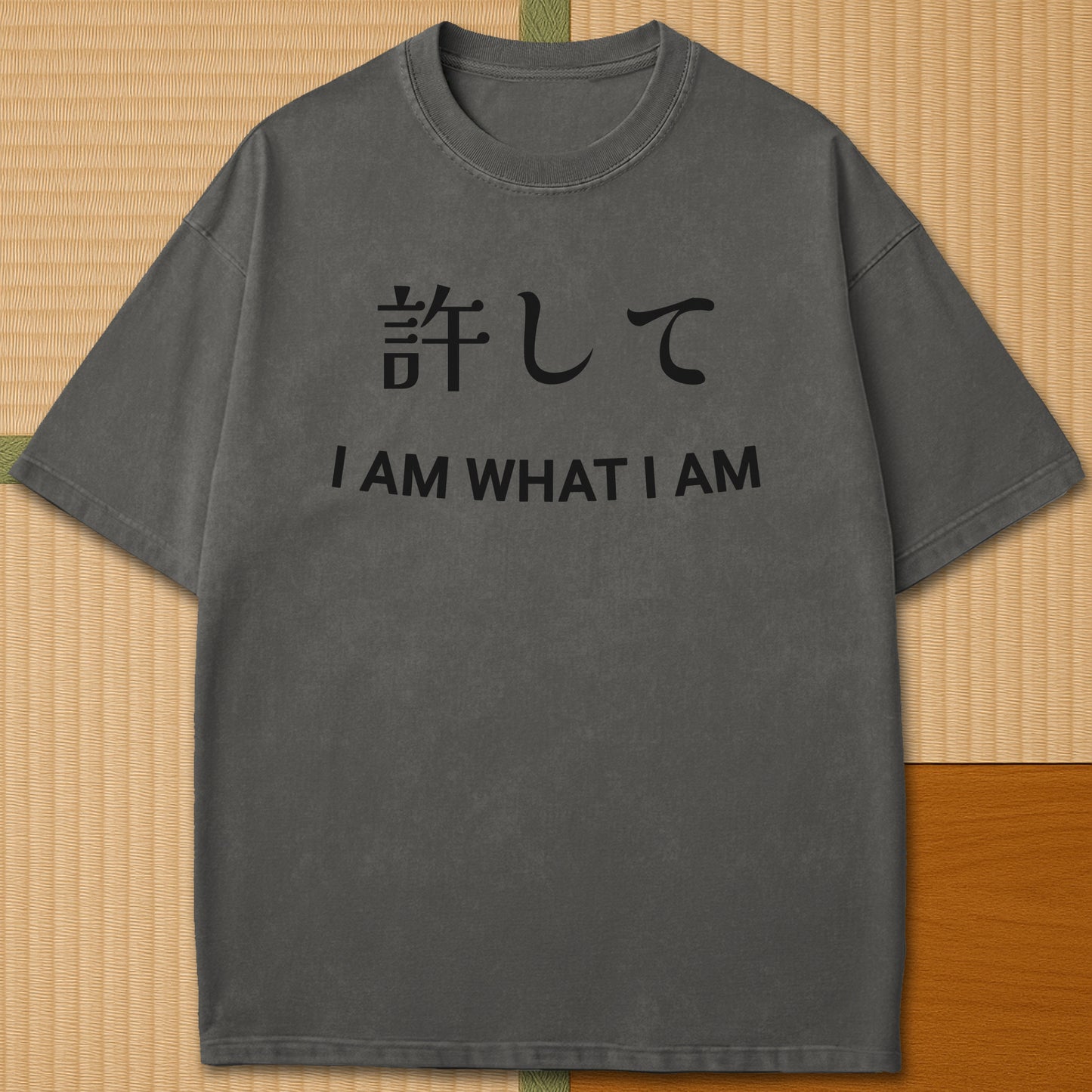 Japanese-inspired cotton Forgive Me In Japanese T-Shirt in Pepper on Comfort Colors 1717, styled in a modern flatlay scene.
