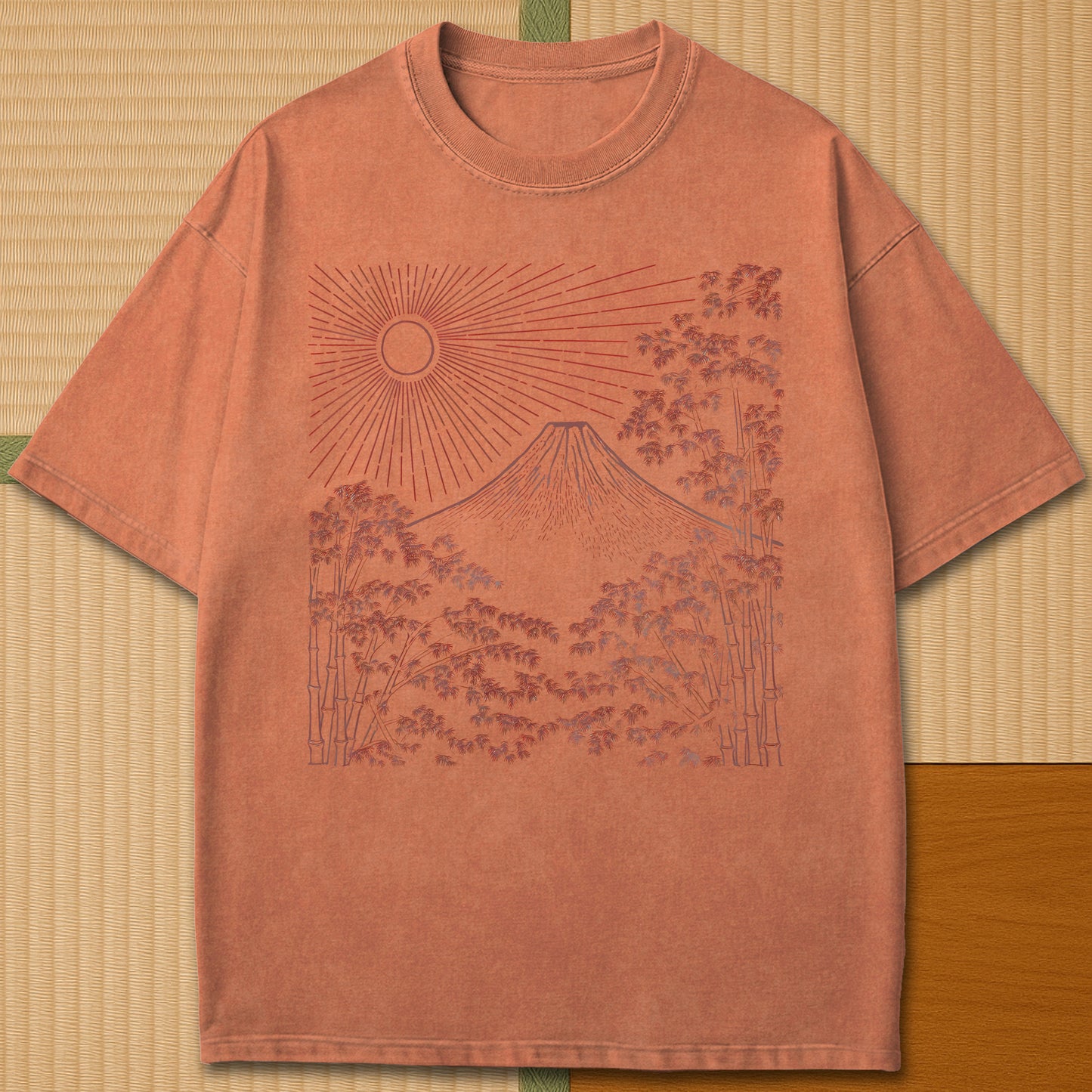Japanese-inspired cotton Fuji Sunset Line Art T-Shirt in Yam on Comfort Colors 1717, styled in a modern flatlay scene.