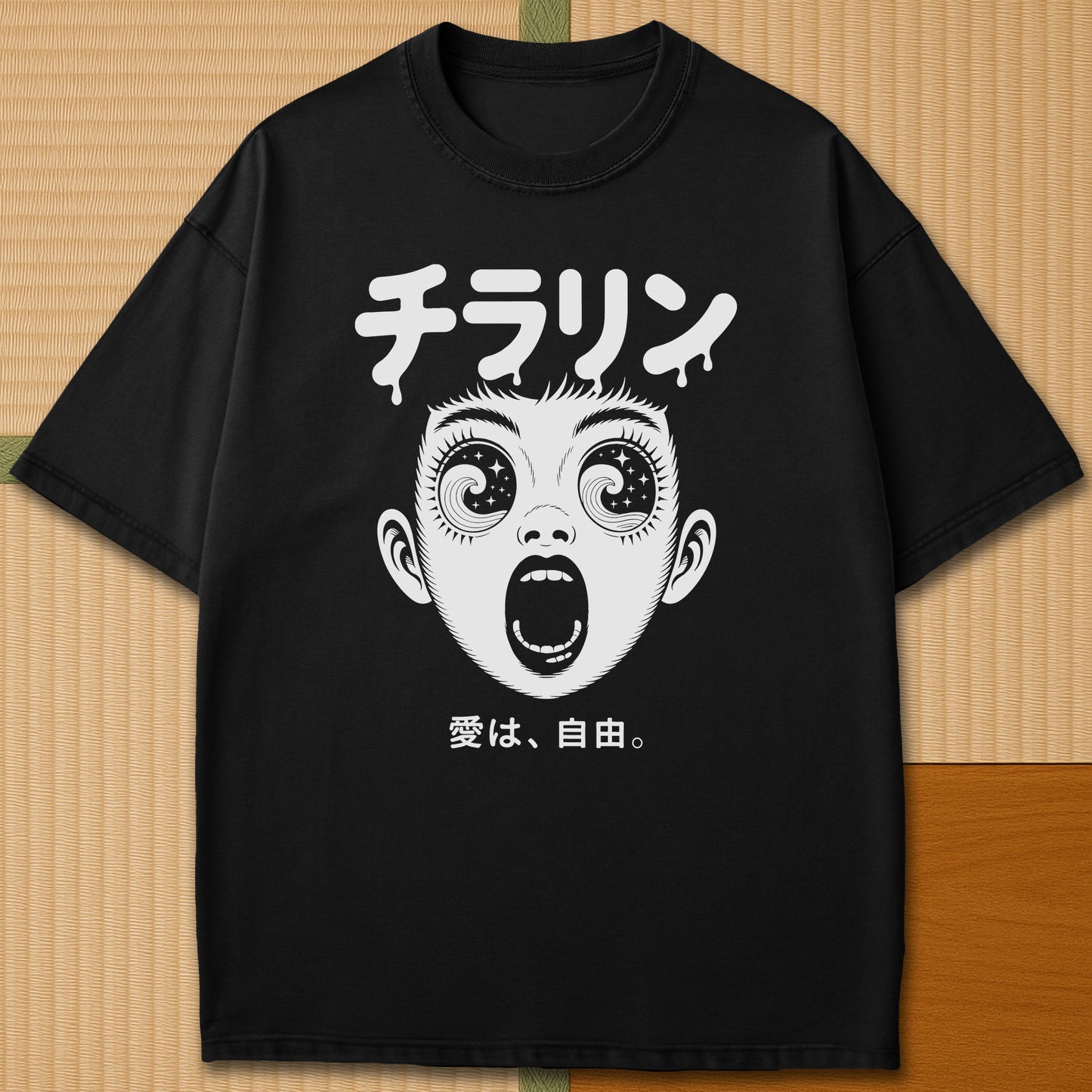 Japanese-inspired cotton Psyche Tsunami T-Shirt in Black on Comfort Colors 1717, styled in a modern flatlay scene.