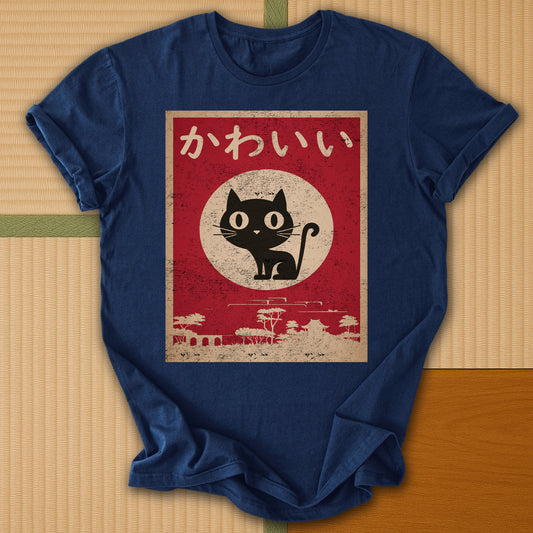 Japanese-inspired cotton Kawaii Cat T-Shirt in Navy on Gildan 64000, styled in a modern flatlay scene