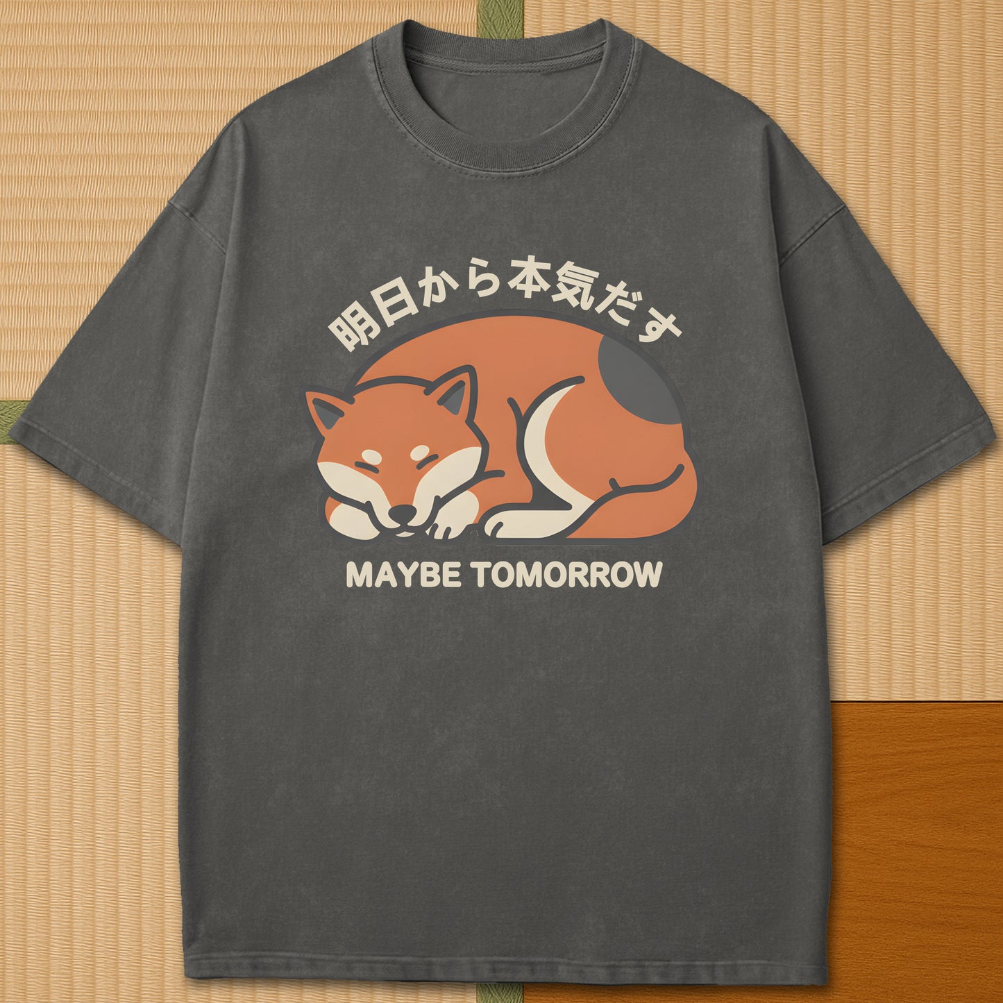 Japanese-inspired cotton Maybe Tomorrow Shiba Inu T-Shirt in Pepper on Comfort Colors 1717, styled in a modern flatlay scene.