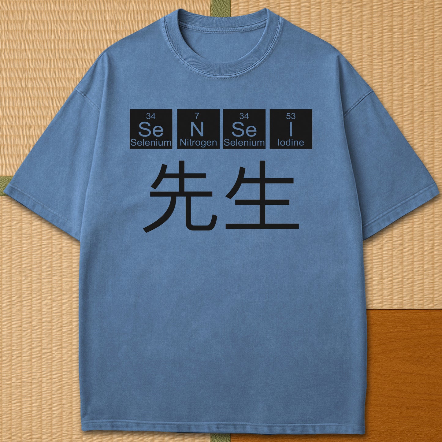 Japanese-inspired cotton Sensei Periodic Table T-Shirt in Blue Jean on Comfort Colors 1717, styled in a modern flatlay scene.