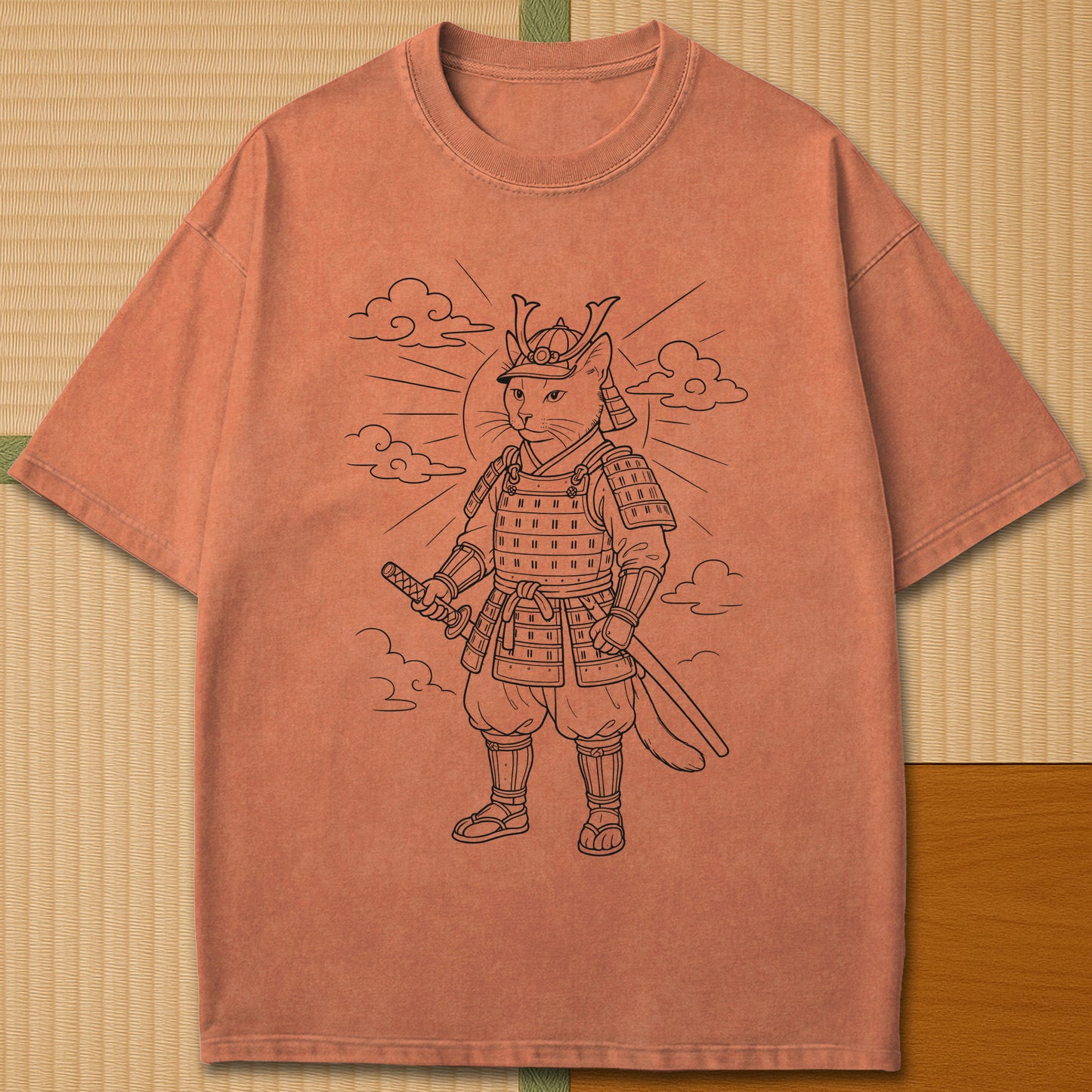 Japanese-inspired cotton Rising Sun Samurai Cat T-Shirt in Yam on Comfort Colors 1717, styled in a modern flatlay scene.