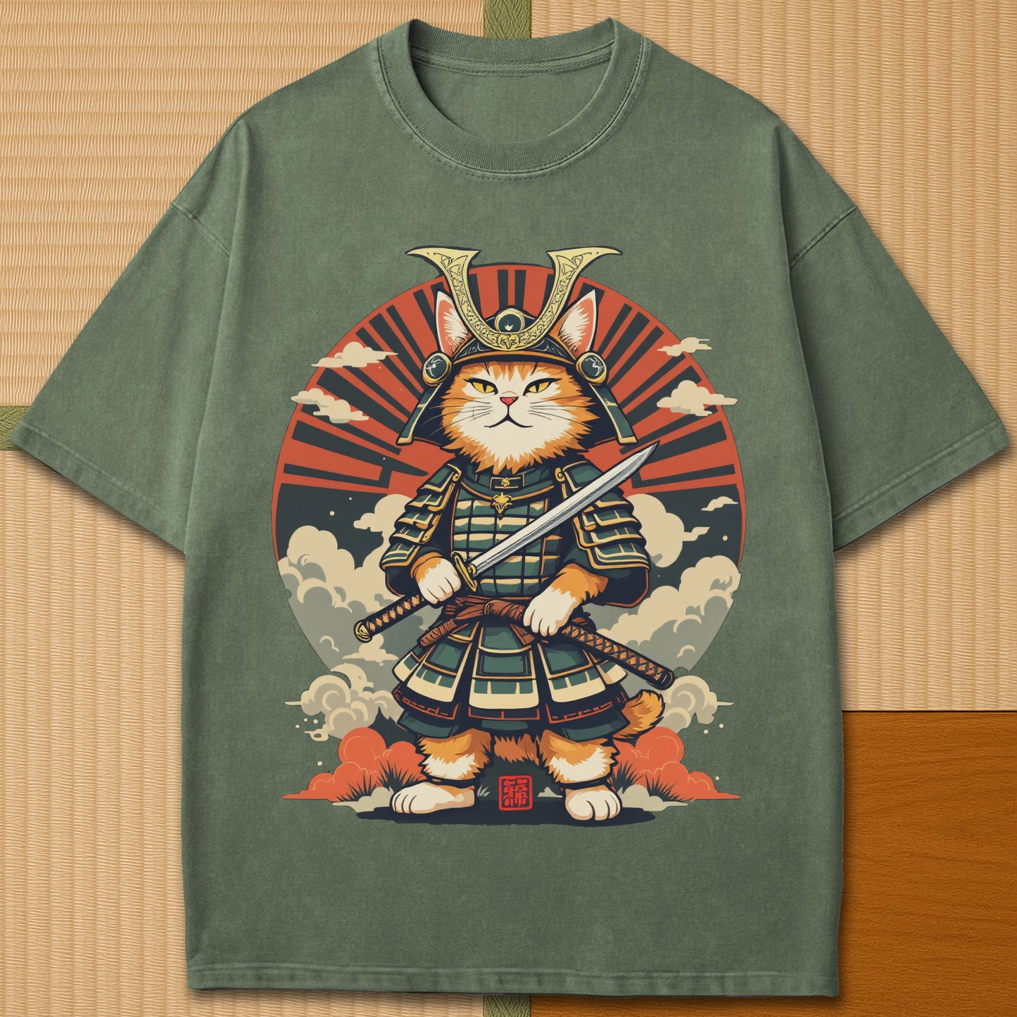 Japanese-inspired cotton Handsome Cat Samurai T-Shirt in Moss on Comfort Colors 1717, styled in a modern flatlay scene.