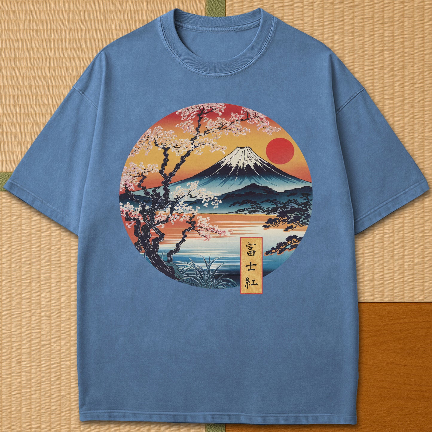 Japanese-inspired cotton Fuji Sunset T-Shirt in Blue Jean on Comfort Colors 1717, styled in a modern flatlay scene.
