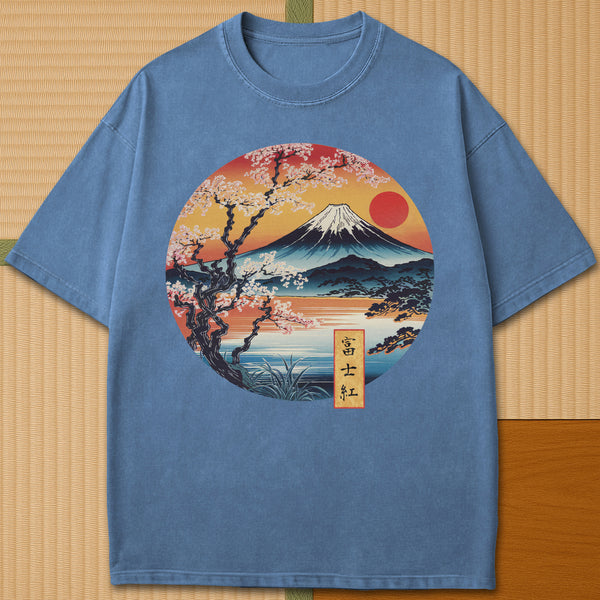 Japanese-inspired cotton Fuji Sunset T-Shirt in Blue Jean on Comfort Colors 1717, styled in a modern flatlay scene.