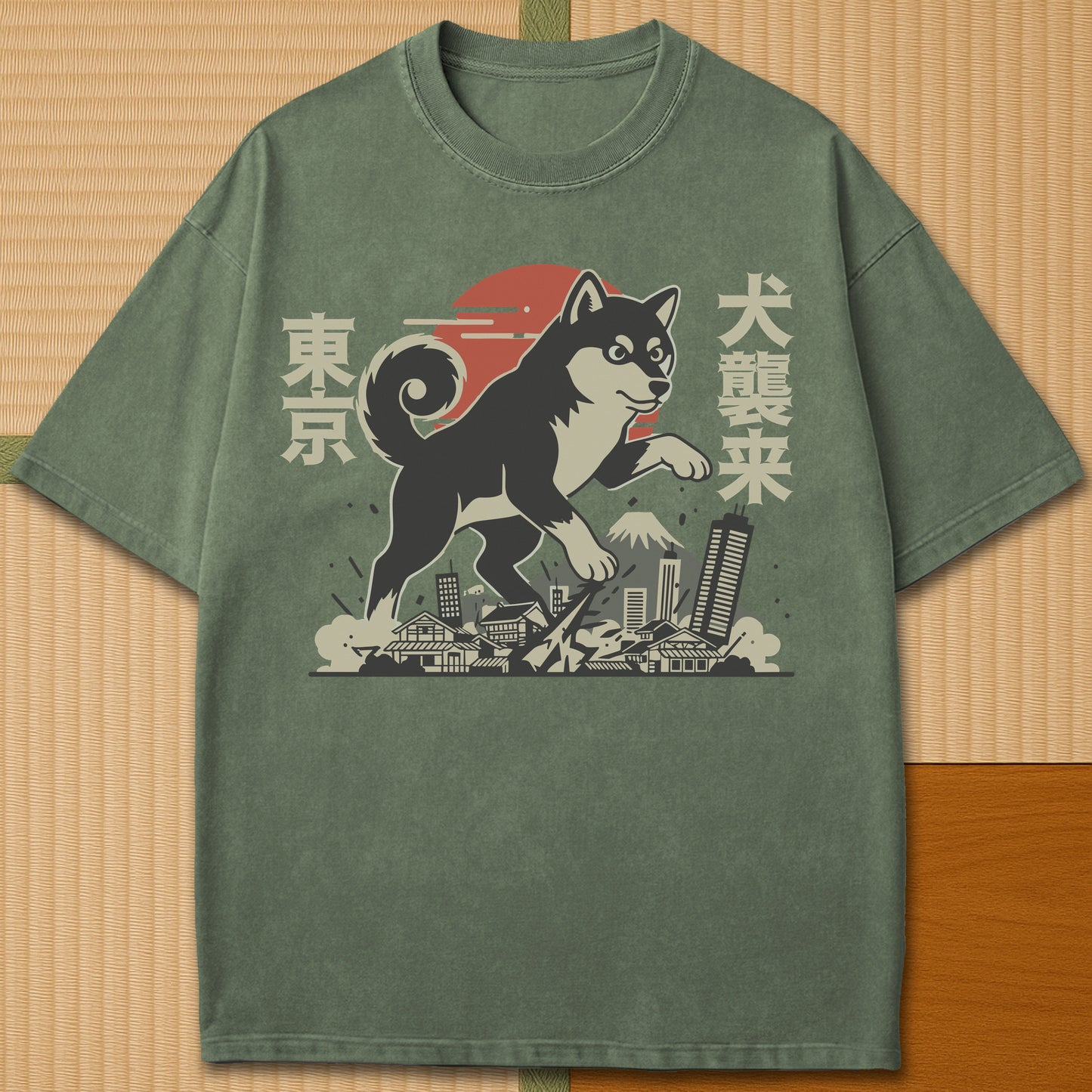 Japanese-inspired cotton Terror Dog Invades Tokyo T-Shirt in Moss on Comfort Colors 1717, styled in a modern flatlay scene.
