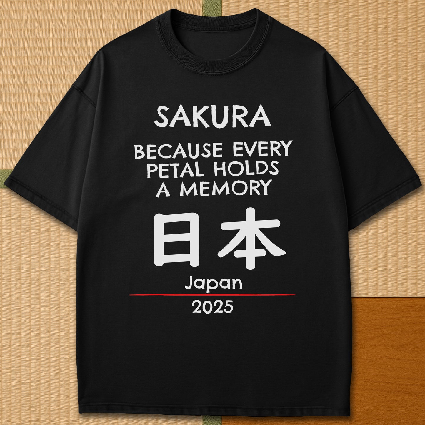 Japanese-inspired cotton Sakura Japan T-Shirt in Black on Comfort Colors 1717, styled in a modern flatlay scene.