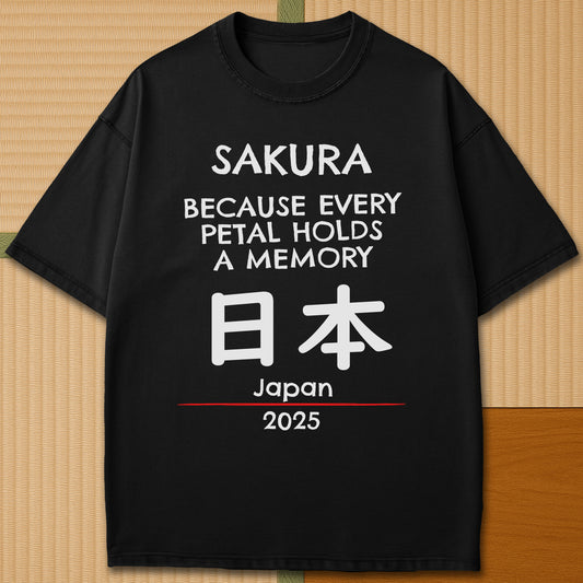 Japanese-inspired cotton Sakura Japan T-Shirt in Black on Comfort Colors 1717, styled in a modern flatlay scene.