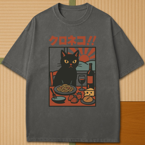 Japanese-inspired cotton Sunset Supper Cat T-Shirt in Pepper on Comfort Colors 1717, styled in a modern flatlay scene.