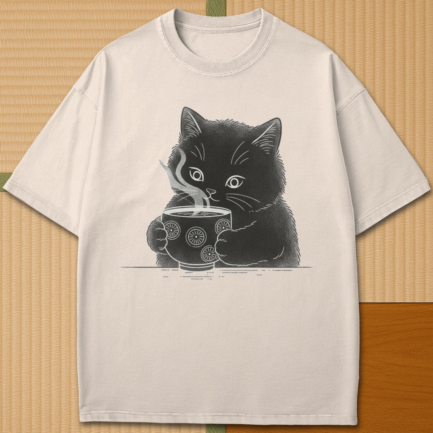 Japanese-inspired cotton Kitten Paws Tea Time T-Shirt in Ivory on Comfort Colors 1717, styled in a modern flatlay scene.