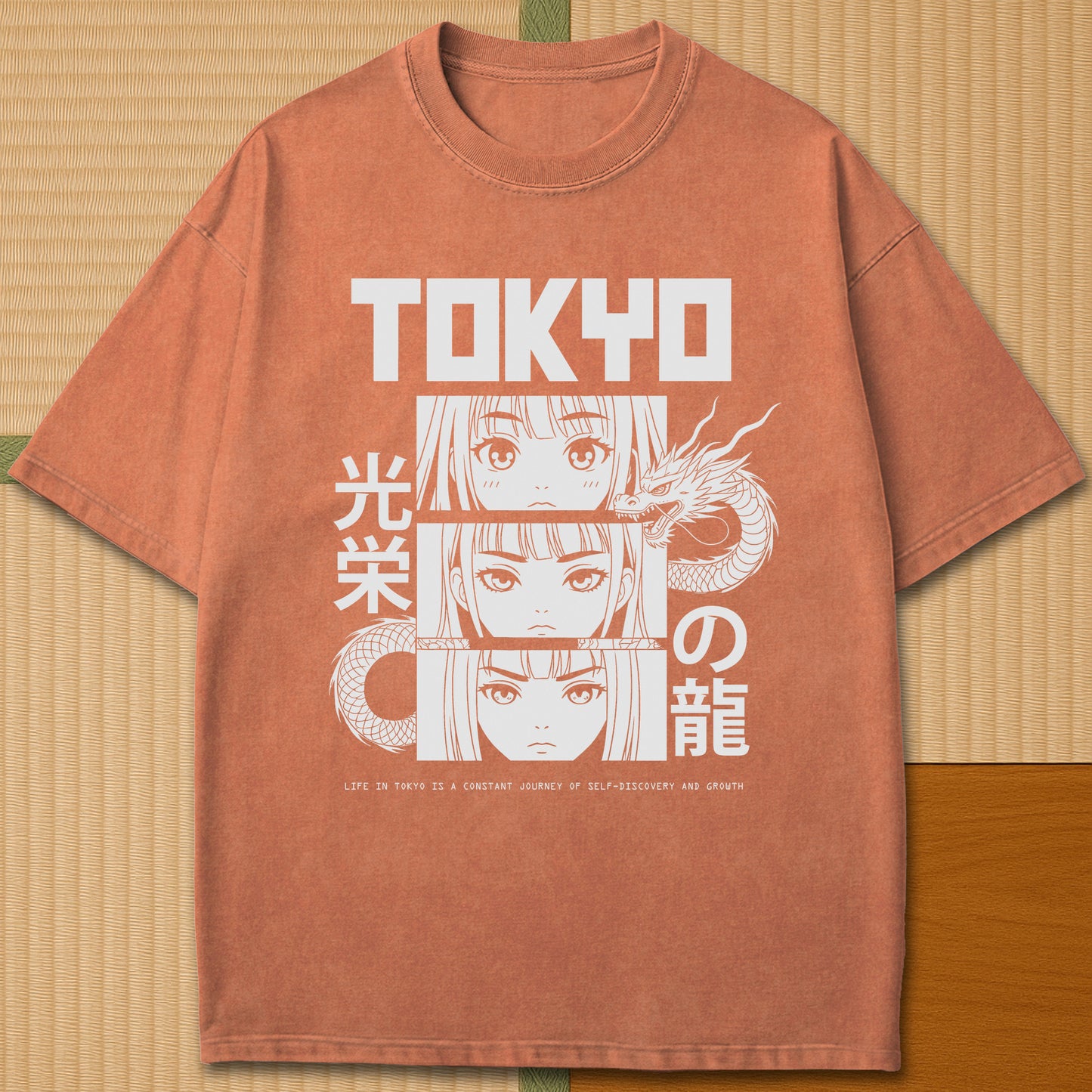 Japanese-inspired cotton Dragon Of Honor T-Shirt in Yam on Comfort Colors 1717, styled in a modern flatlay scene.