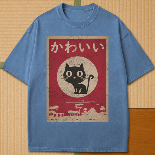 Japanese-inspired cotton Kawaii Cat T-Shirt in Blue Jean on Comfort Colors 1717, styled in a modern flatlay scene.