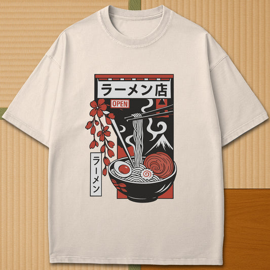 Japanese-inspired cotton Japanese Ramen Bowl T-Shirt in Ivory on Comfort Colors 1717, styled in a modern flatlay scene.