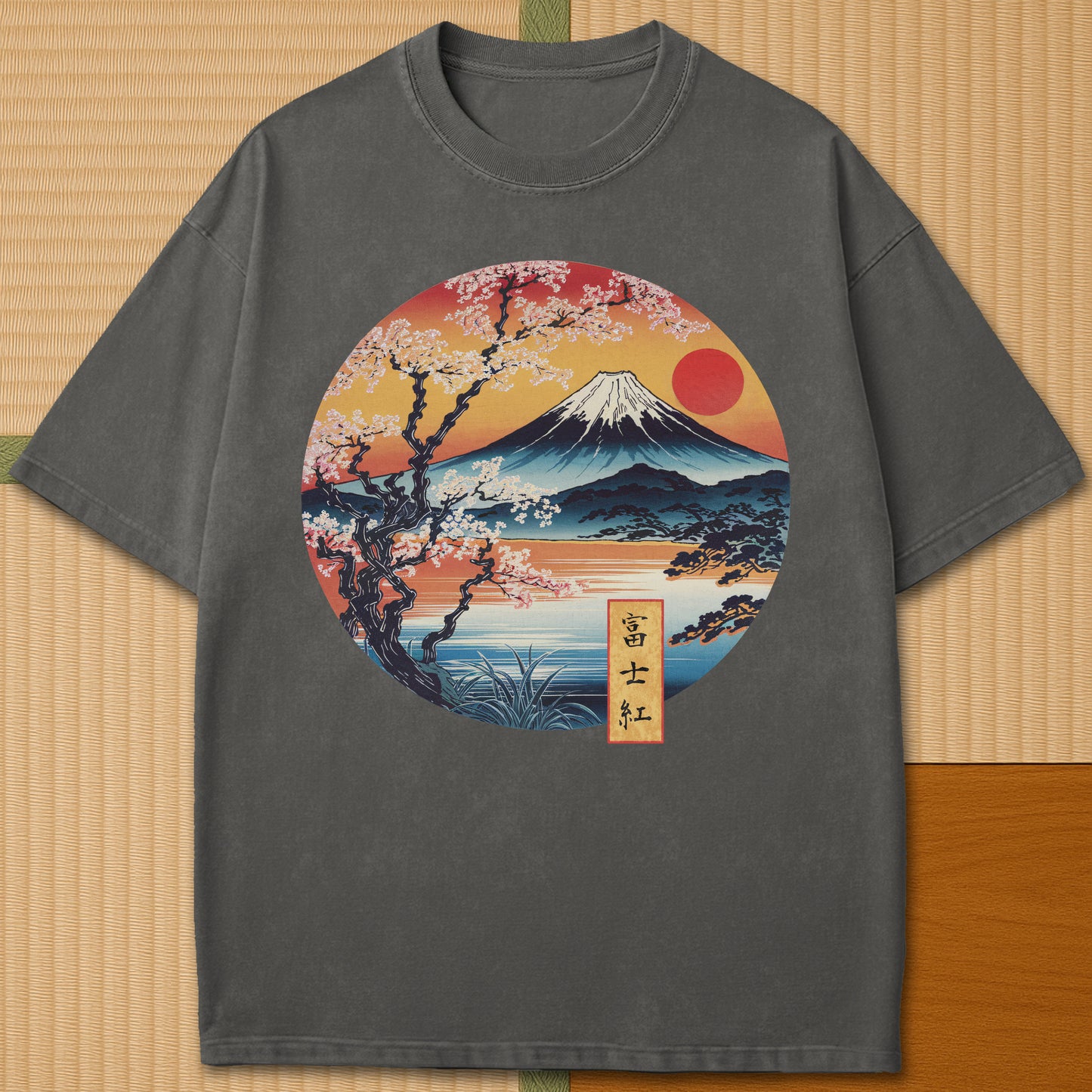 Japanese-inspired cotton Fuji Sunset T-Shirt in Pepper on Comfort Colors 1717, styled in a modern flatlay scene.