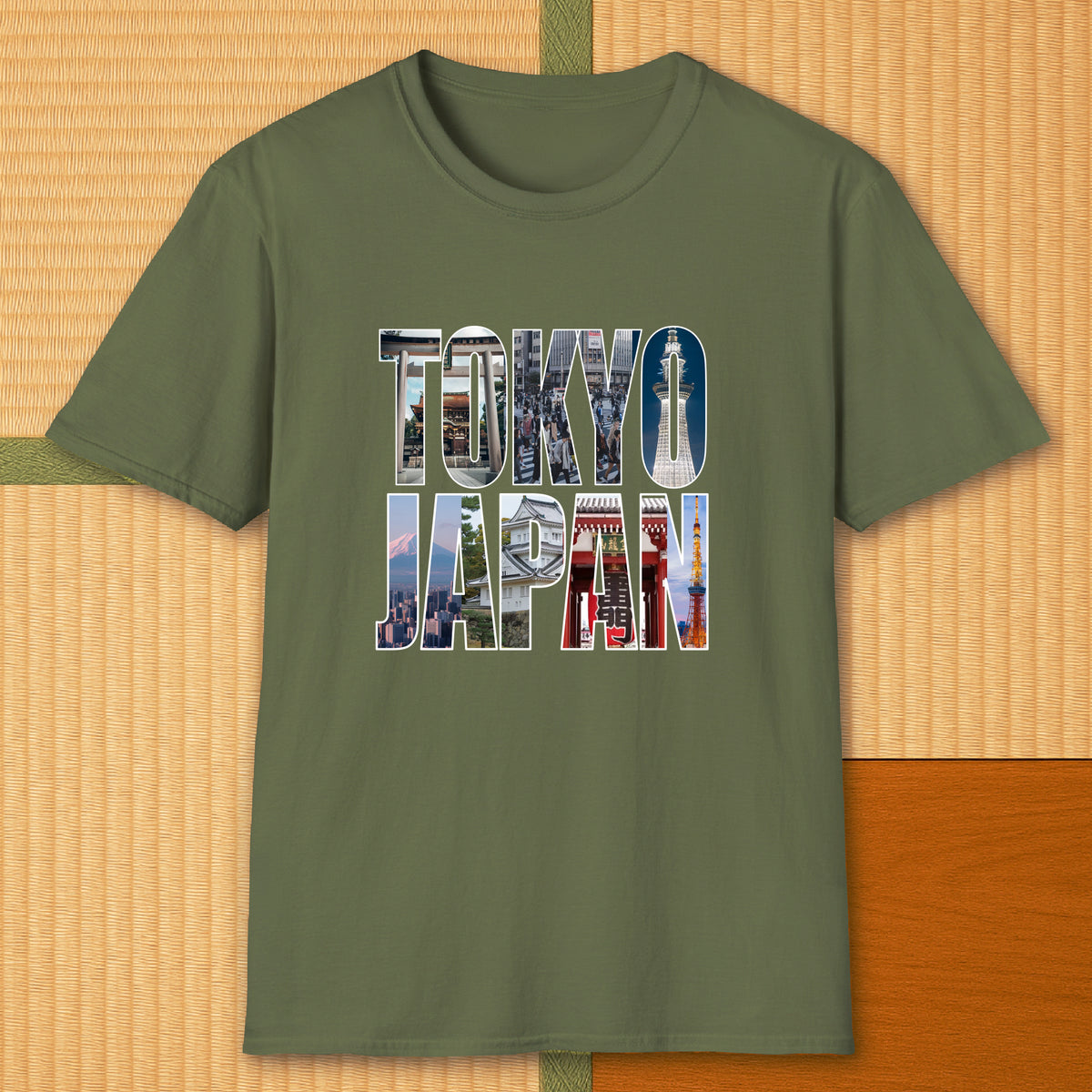 Japanese-inspired cotton Tokyo T-Shirt in Military Green on Gildan 64000, styled in a modern flatlay scene