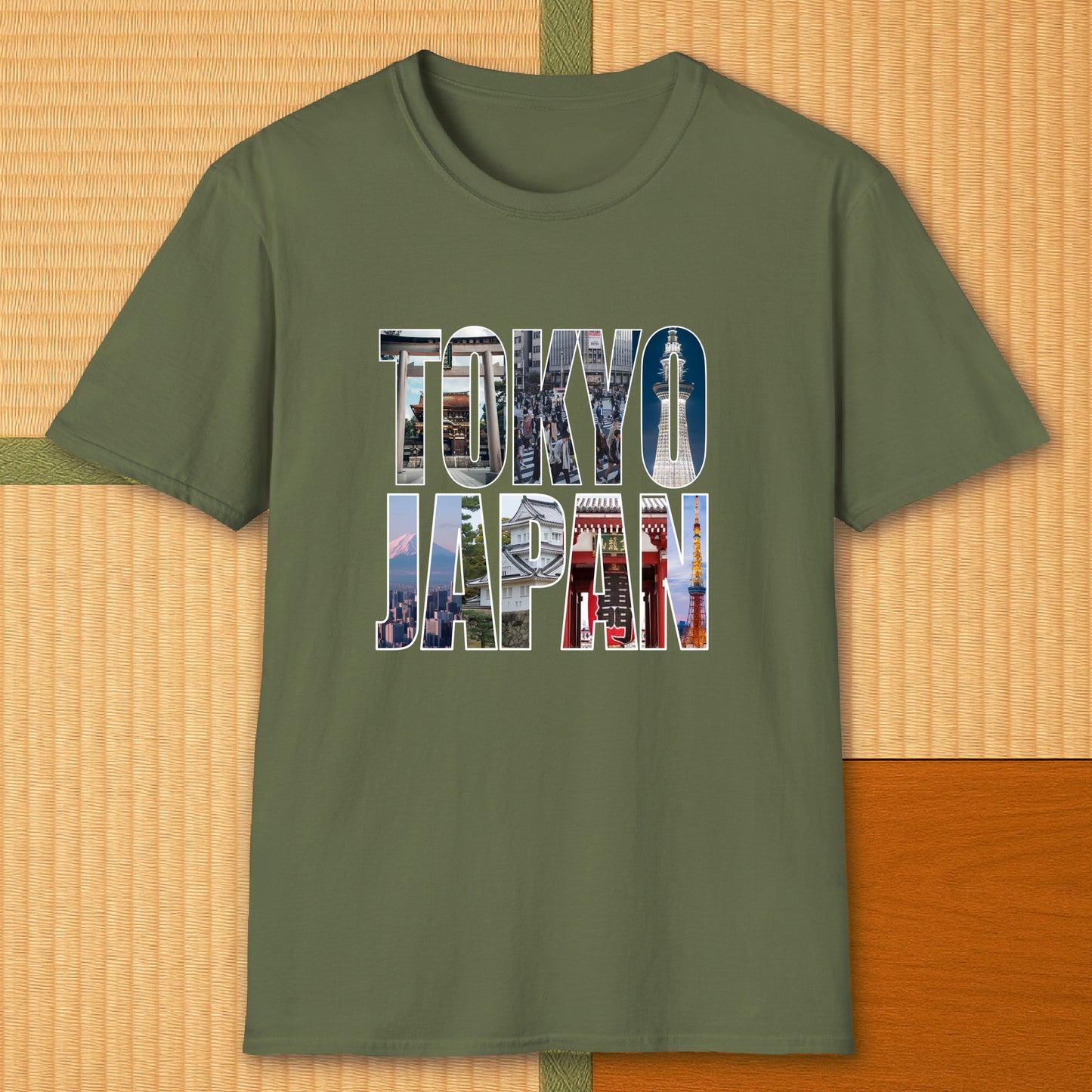 Japanese-inspired cotton Tokyo T-Shirt in Military Green on Gildan 64000, styled in a modern flatlay scene