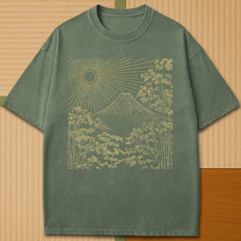 Japanese-inspired cotton Fuji Sunset Line Art T-Shirt in Moss on Comfort Colors 1717, styled in a modern flatlay scene.