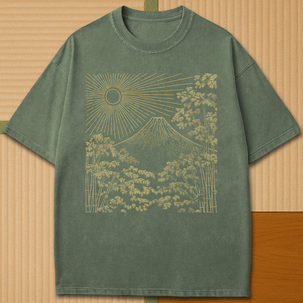 Japanese-inspired cotton Fuji Sunset Line Art T-Shirt in Moss on Comfort Colors 1717, styled in a modern flatlay scene.