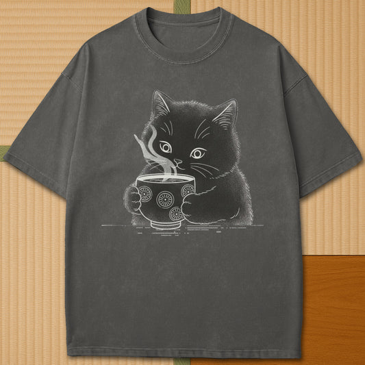 Japanese-inspired cotton Kitten Paws Tea Time T-Shirt in Pepper on Comfort Colors 1717, styled in a modern flatlay scene.