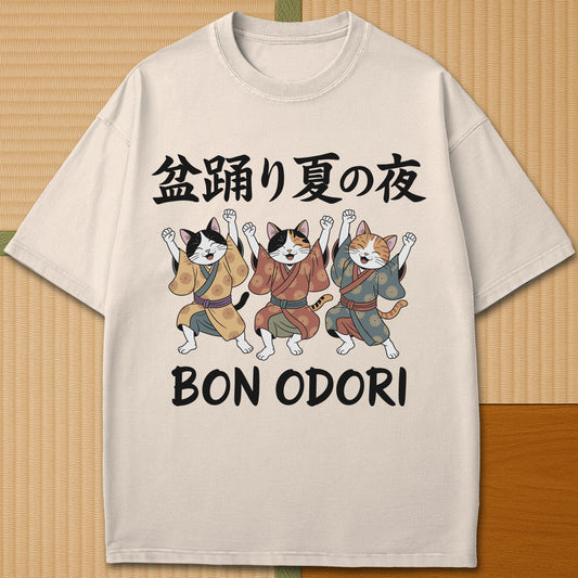 Japanese-inspired cotton Summer Night Bon Odori Cats T-Shirt in Ivory on Comfort Colors 1717, styled in a modern flatlay scene.