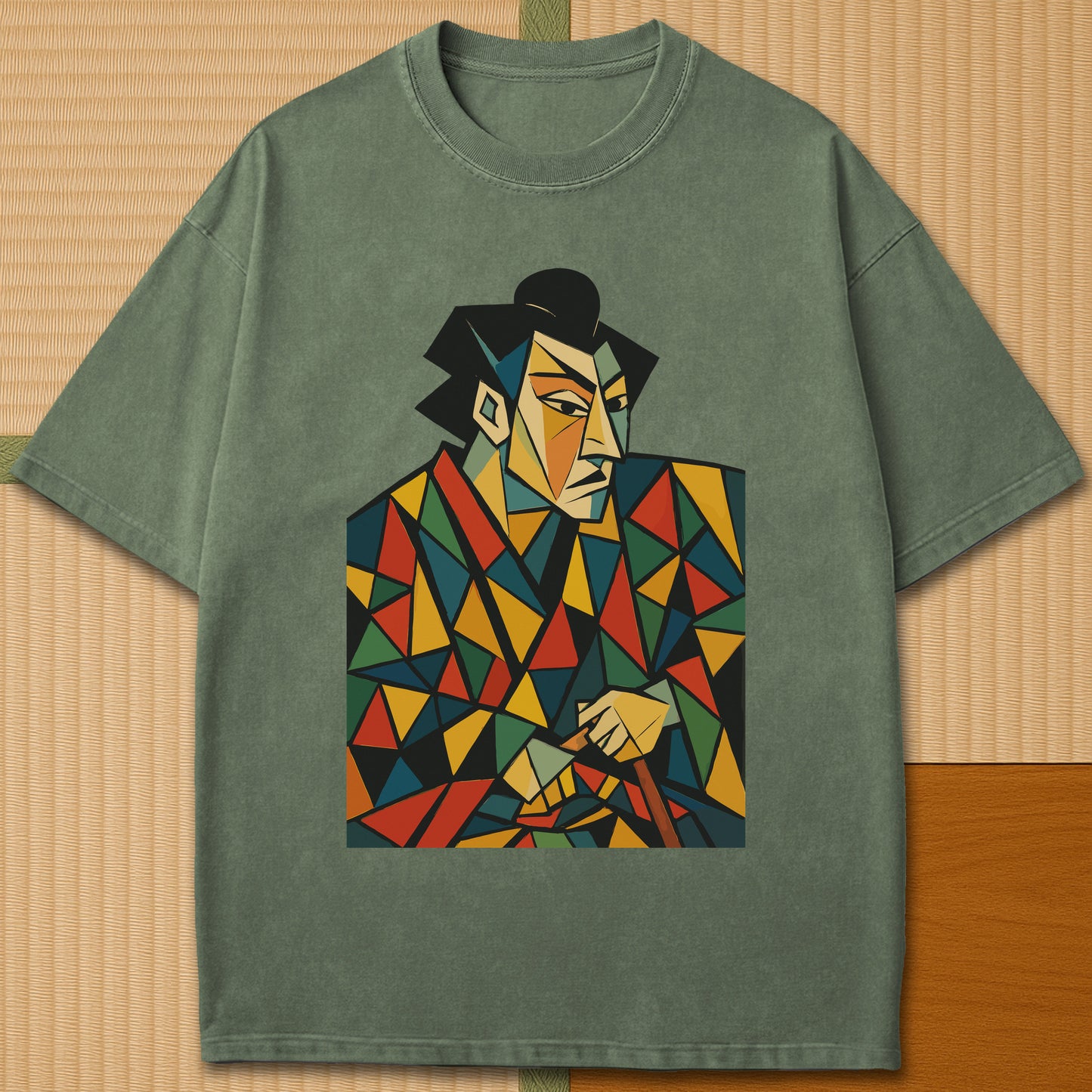 Japanese-inspired cotton Abstract Cubist Kabuki Samurai T-Shirt in Moss on Comfort Colors 1717, styled in a modern flatlay scene.