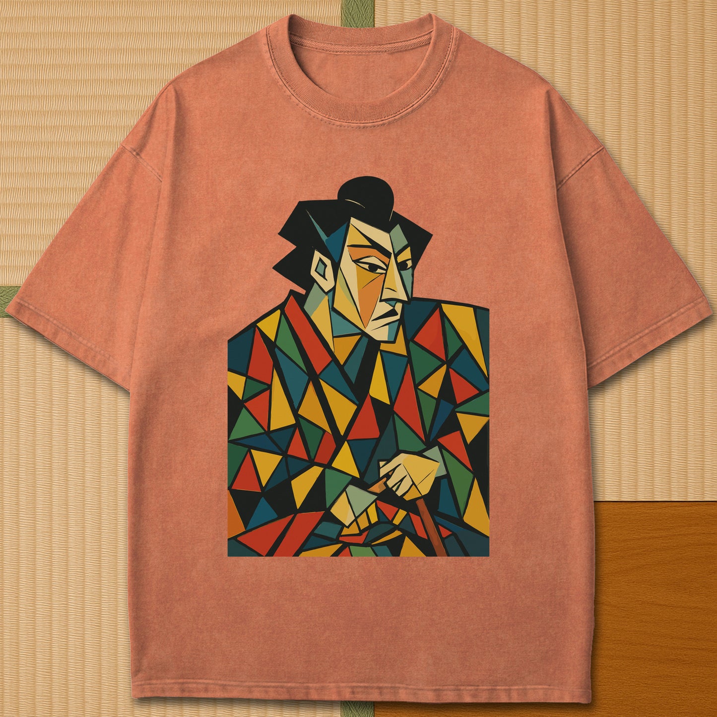Japanese-inspired cotton Abstract Cubist Kabuki Samurai T-Shirt in Yam on Comfort Colors 1717, styled in a modern flatlay scene.