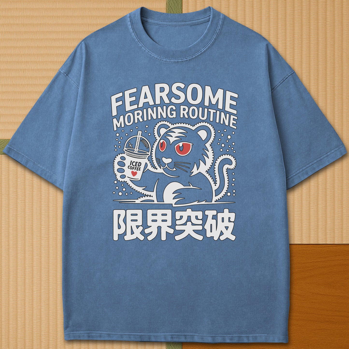 Japanese-inspired cotton Caffeinated Predator T-Shirt in Blue Jean on Comfort Colors 1717, styled in a modern flatlay scene.