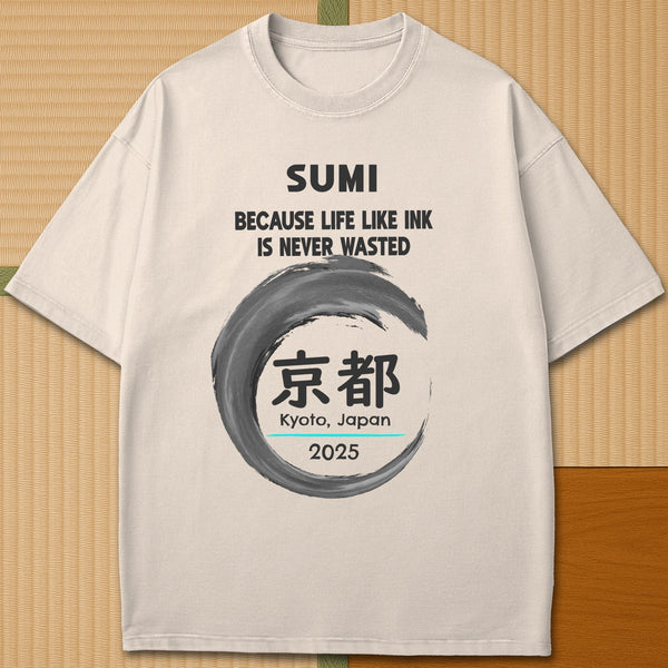 Japanese-inspired cotton Sumi Life Kyoto T-Shirt in Ivory on Comfort Colors 1717, styled in a modern flatlay scene.