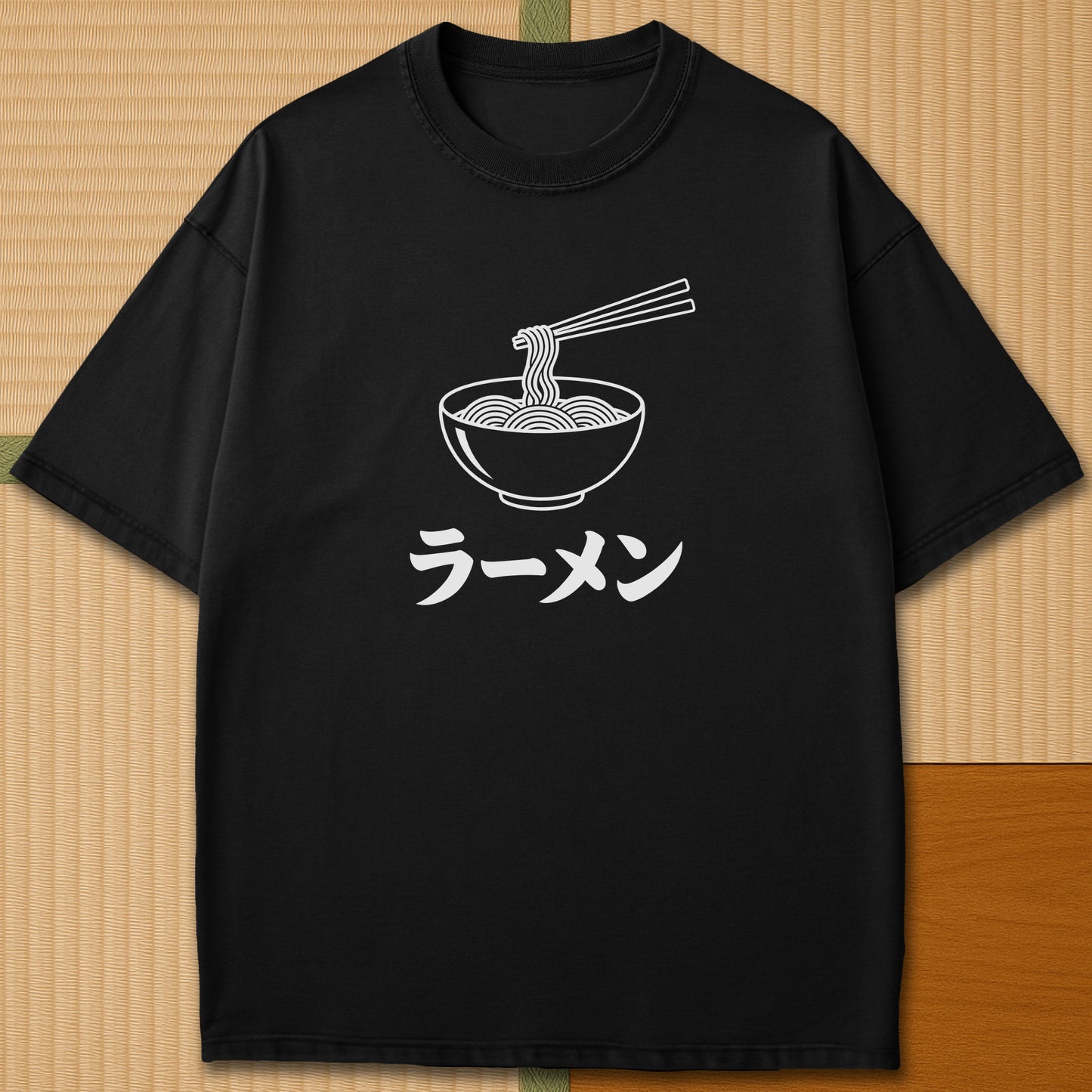 Japanese-inspired cotton Ramen Noodle Minimalist T-Shirt in Black on Comfort Colors 1717, styled in a modern flatlay scene.