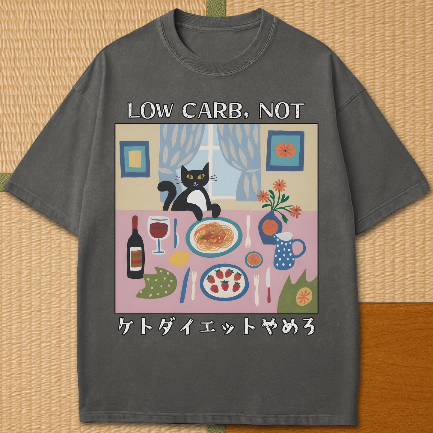 Japanese-inspired cotton Quitting Keto T-Shirt in Pepper on Comfort Colors 1717, styled in a modern flatlay scene.