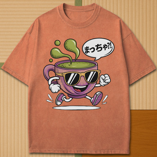Japanese-inspired cotton Matcha Time T-Shirt in Yam on Comfort Colors 1717, styled in a modern flatlay scene.