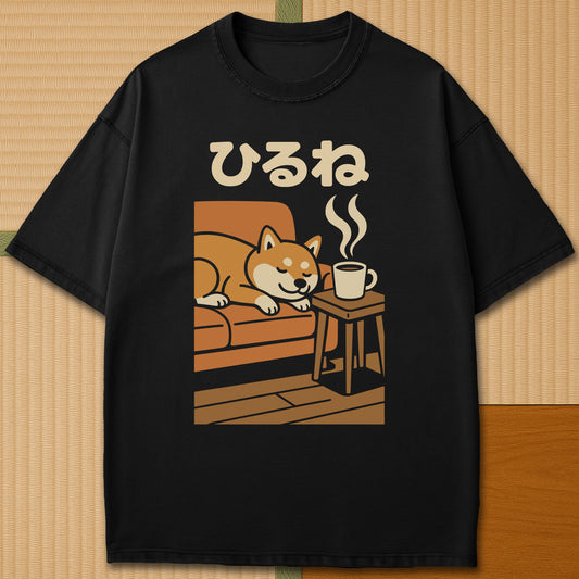 Japanese-inspired cotton Shiba Cozy Coffee Nap T-Shirt in Black on Comfort Colors 1717, styled in a modern flatlay scene.