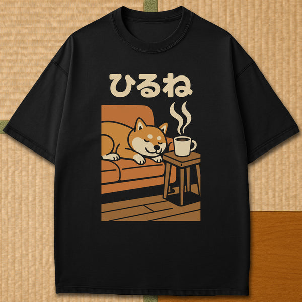 Japanese-inspired cotton Shiba Cozy Coffee Nap T-Shirt in Black on Comfort Colors 1717, styled in a modern flatlay scene.
