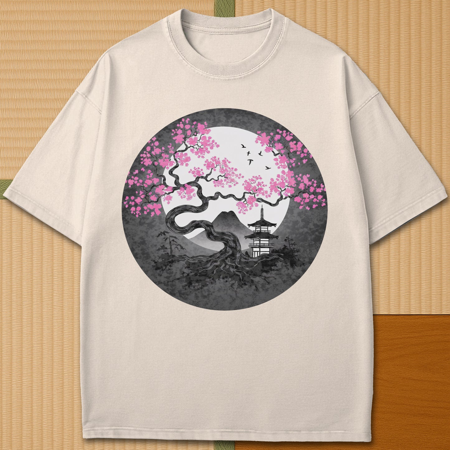 Japanese-inspired cotton Sakura Near Fuji T-Shirt in Ivory on Comfort Colors 1717, styled in a modern flatlay scene.