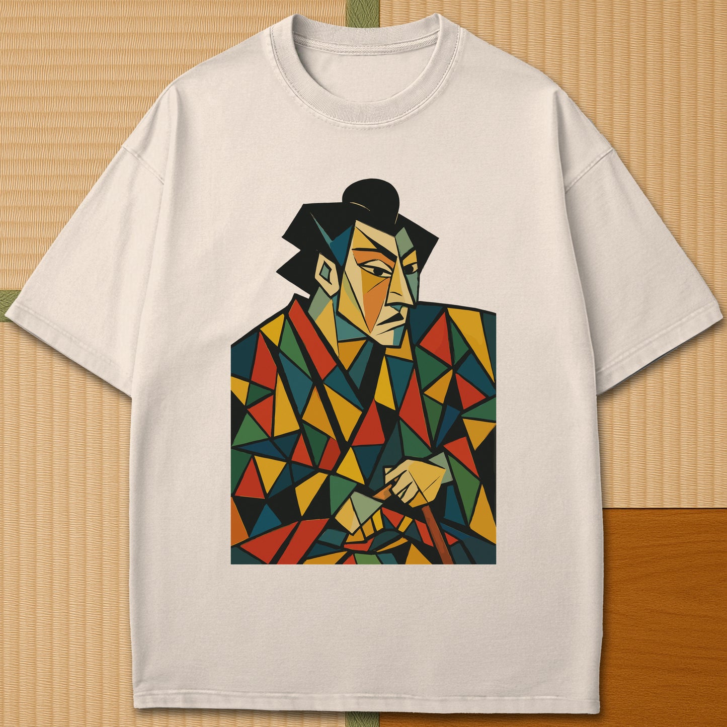Japanese-inspired cotton Abstract Cubist Kabuki Samurai T-Shirt in Ivory on Comfort Colors 1717, styled in a modern flatlay scene.