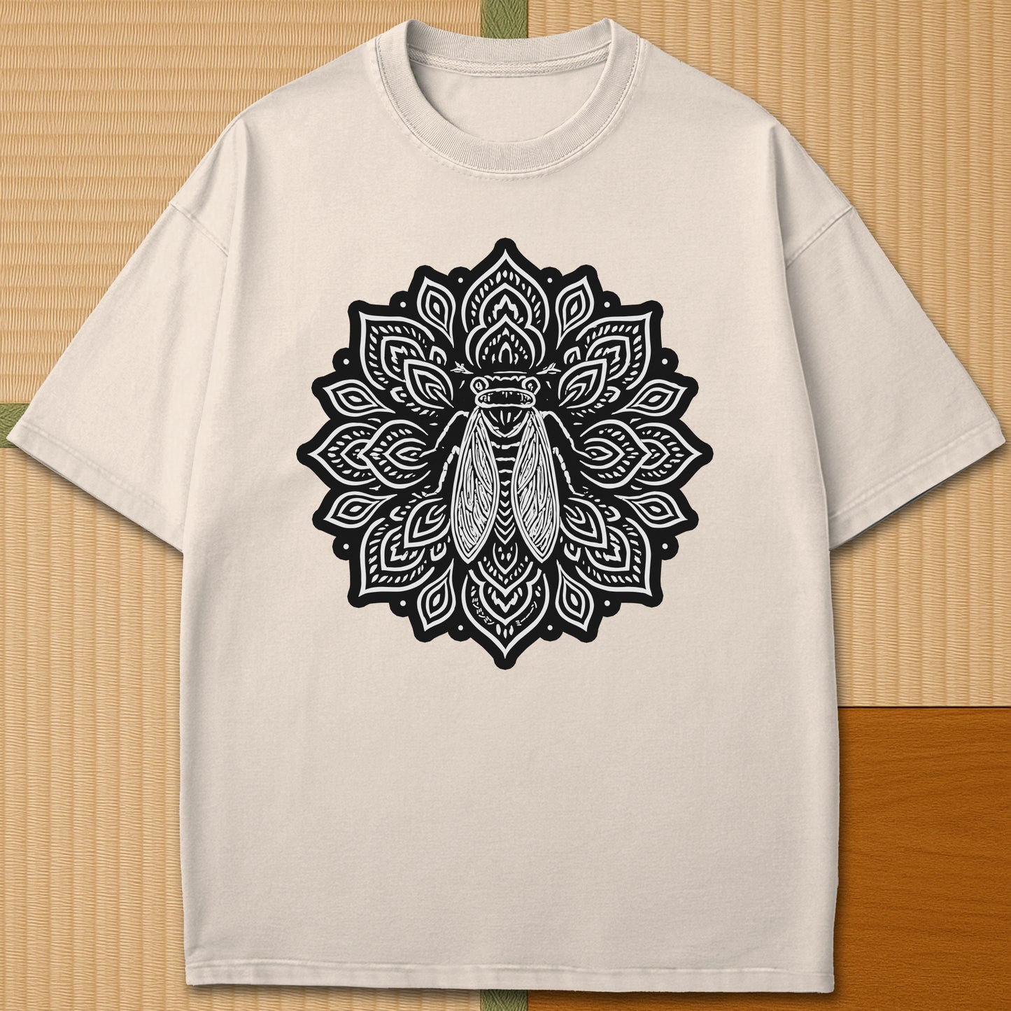 Japanese-inspired cotton Cicada Mandala T-Shirt in Ivory on Comfort Colors 1717, styled in a modern flatlay scene.