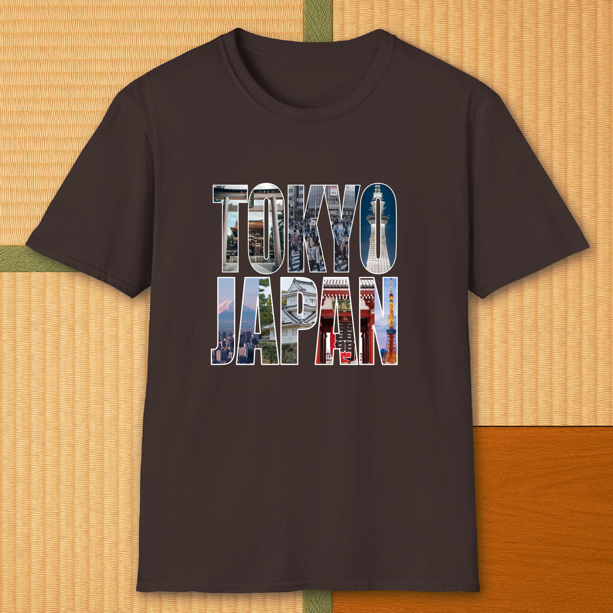 Japanese-inspired cotton Tokyo T-Shirt in Dark Chocolate on Gildan 64000, styled in a modern flatlay scene