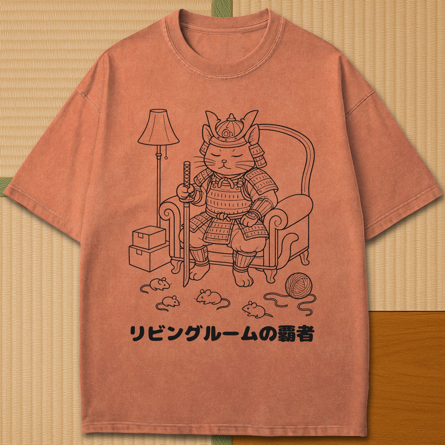 Japanese-inspired cotton The Living Room Shogun Cat T-Shirt in Yam on Comfort Colors 1717, styled in a modern flatlay scene.