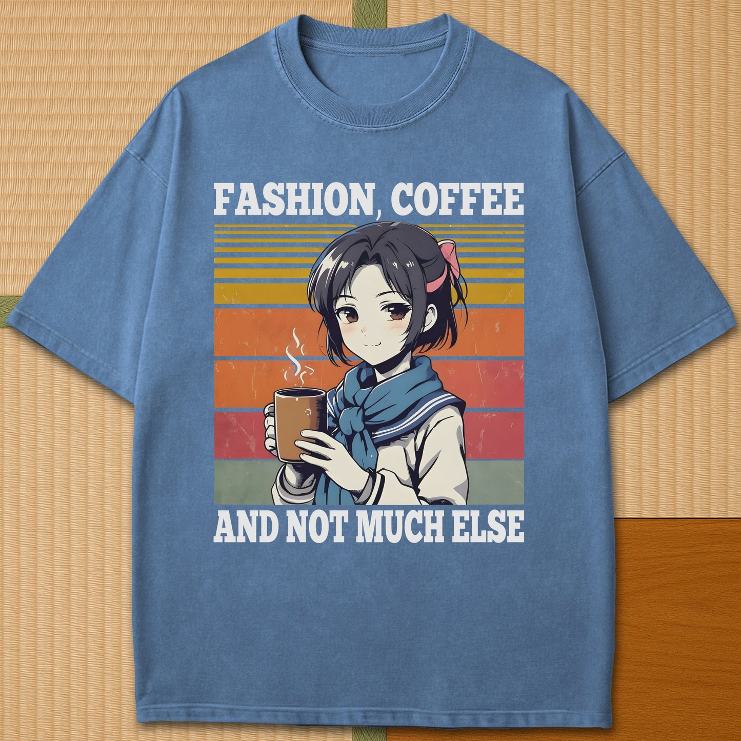 Japanese-inspired cotton Not Much Else T-Shirt in Blue Jean on Comfort Colors 1717, styled in a modern flatlay scene.