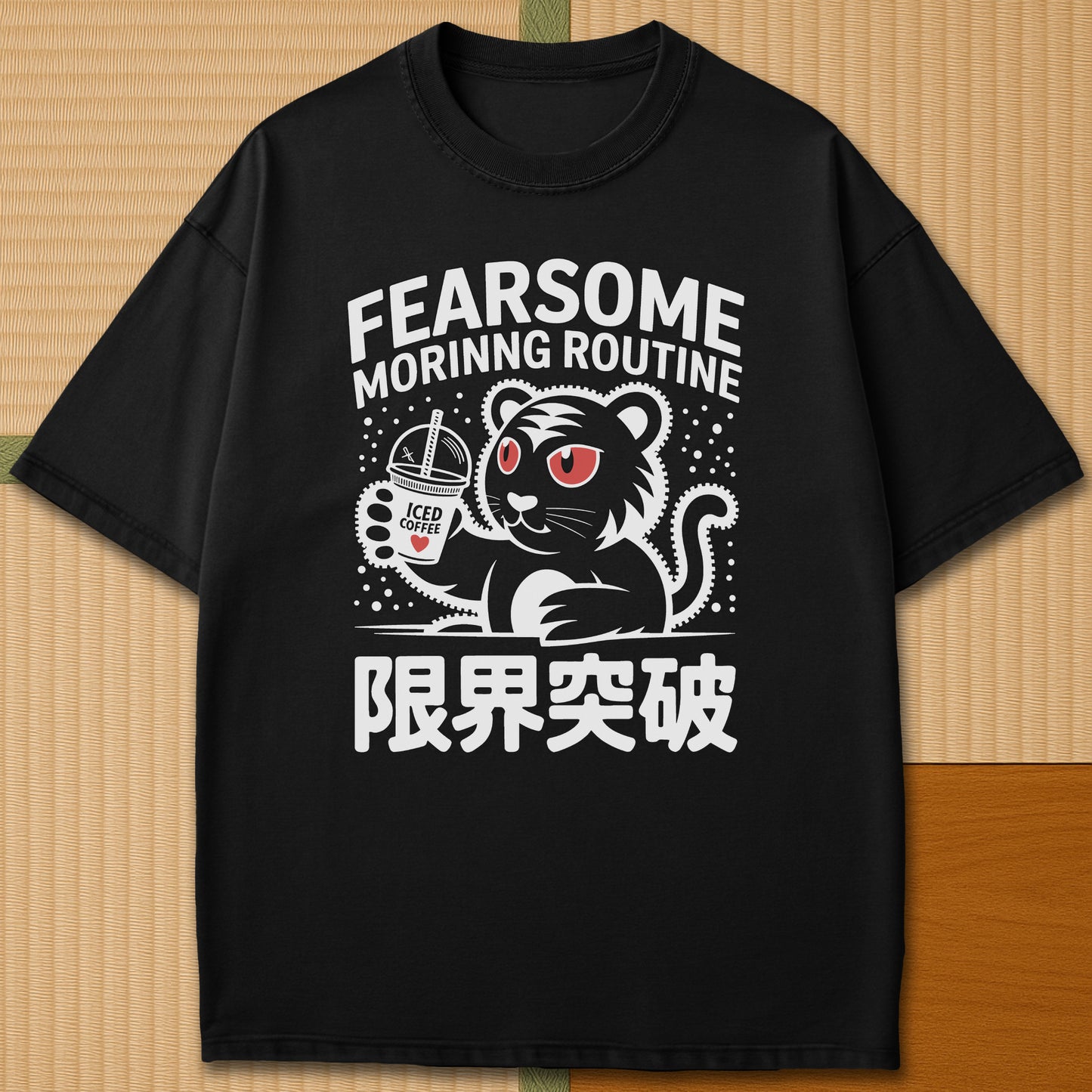 Japanese-inspired cotton Caffeinated Predator T-Shirt in Black on Comfort Colors 1717, styled in a modern flatlay scene.