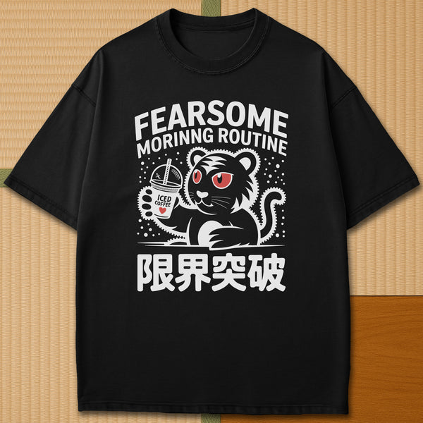 Japanese-inspired cotton Caffeinated Predator T-Shirt in Black on Comfort Colors 1717, styled in a modern flatlay scene.